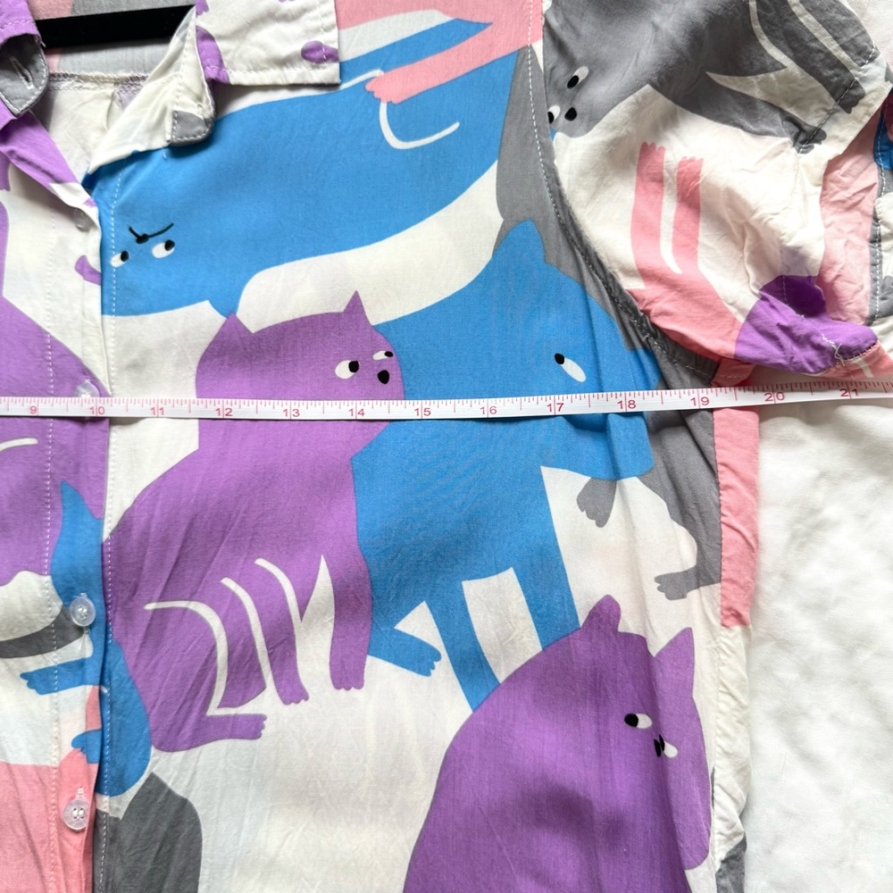 Pastel Cat Print Short Sleeve Collared Button Down Tunic/Shirt Dress Sz. S - Picture 4 of 12
